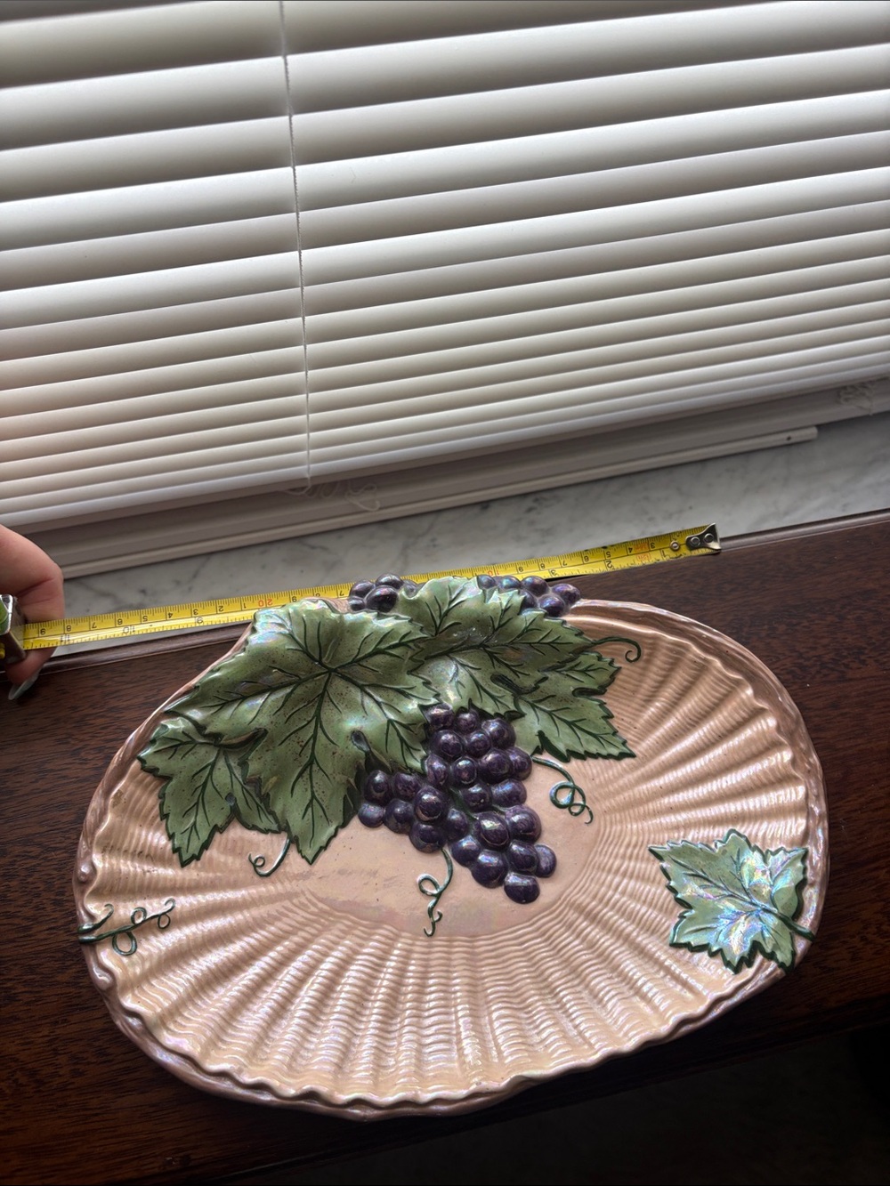 Majolica Platter Grapes 10.5x7.5” Leaves Plate Dish Oval Clamshell Pottery Rare